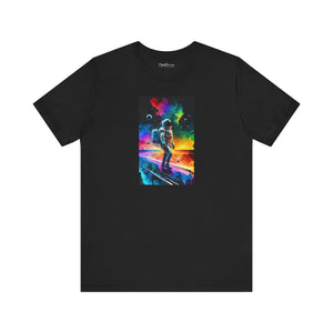 An astronaut in a vibrant background, Unisex Jersey Short Sleeve Tee