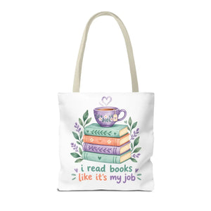 Book Lover Tote Bag — “I Read Books Like It’s My Job” Illustrated Stack & Tea