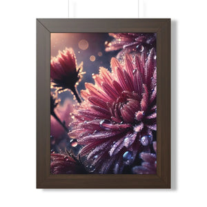 Chrysanthemum with dew drops framed vertical poster - posters