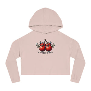 Women’s cropped hoodie with devil-horn cherries - sweatshirts