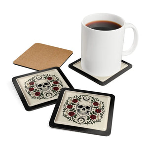 Skull & Roses Corkwood Coaster Set – Gothic Floral Drink Coasters
