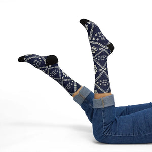 Navy Ikat Floral Sublimation Socks — Patterned Crew Socks