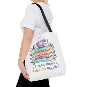 Book Lover Tote Bag — “I Read Books Like It’s My Job” Illustrated Stack & Tea