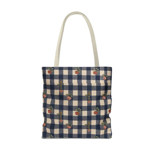 Gingham Rose Tote Bag — Vintage Navy Check Floral All-Over Print Tote