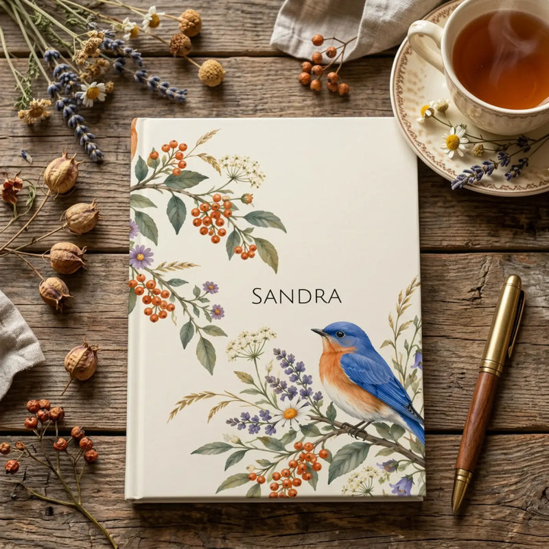 Personalized name Botanical Bird Hardcover Journal