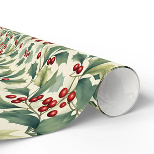 Holiday Holly Wrapping Paper Roll — Vintage Green & Red Mistletoe Pattern