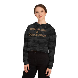 Women’s cropped hooded sweatshirt – black camo “well-read & dangerous” - sweatshirts