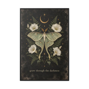 Framed canvas wall art luna moth “grow through the darkness” botanical decor - printable