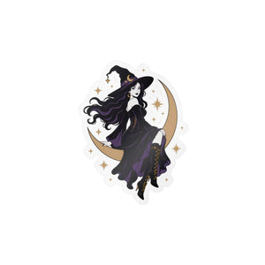 Mystical witch on crescent moon kiss-cut vinyl decal - home decor decals