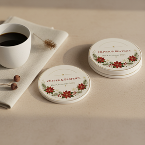 Personalized Poinsettia Christmas Coaster — 'Oliver & Beatrice Our Christmas 2026' Ceramic Holiday Drink Coaster