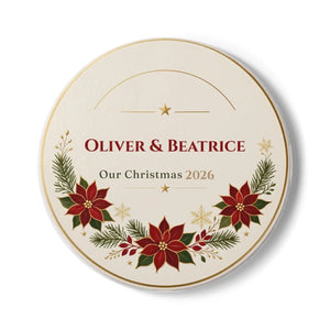 Personalized Poinsettia Christmas Coaster — 'Oliver & Beatrice Our Christmas 2026' Ceramic Holiday Drink Coaster