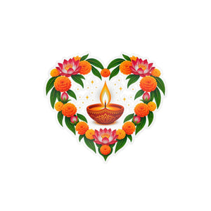 Heart-shaped diya and marigold floral vinyl decal - home decor decals