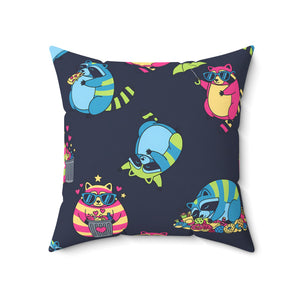 Cute Neon Raccoon Pattern Square Pillow — Colorful Cartoon Accent Cushion