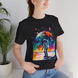 An astronaut in a vibrant background, Unisex Jersey Short Sleeve Tee