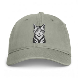 Cat Embroidered Washed Cap — Vintage Smiling Kitten Dad Hat