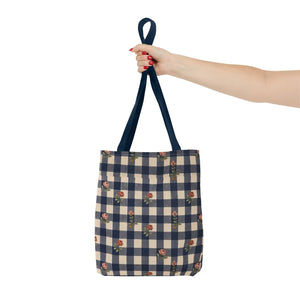 Gingham Rose Tote Bag — Vintage Navy Check Floral All-Over Print Tote