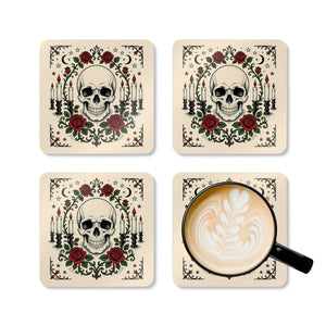 Skull & Roses Cork Coaster Set — Gothic Candlelight Drink Coasters
