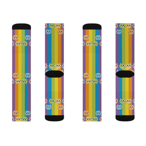 Rainbow Cat Socks - Colorful Sublimation Crew Socks with Cute Cat Faces