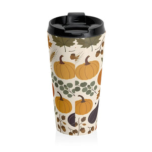 Steel commuter mug with turning autumn leaf artwork