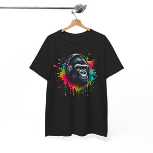 A Gorilla with a headphones with splashes of color, Unisex Heavy Cotton Tee