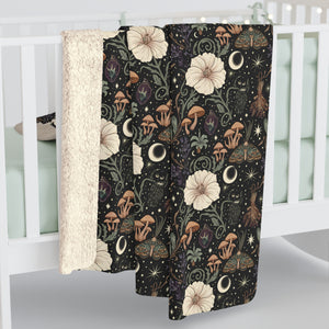 Celestial Floral Sherpa Blanket — Cozy Moon & Mushroom Fleece Throw