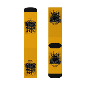 Witches Graphic Socks — Yellow Sublimation Crew Socks with “Girls will be girls” Design