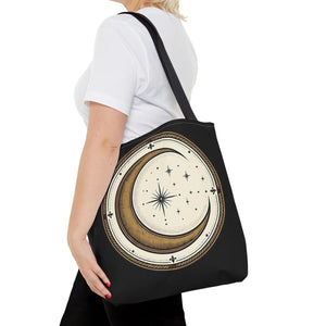Celestial Crescent Moon Tote Bag – Vintage Starry Night AOP Canvas
