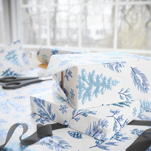 Winter Blue Feather Wrapping Paper Roll — Elegant Feather & Pinecone Gift Wrap