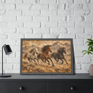 Framed paper poster – wild horses running through mountain landscape - posters
