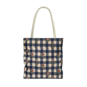 Gingham Rose Tote Bag — Vintage Navy Check Floral All-Over Print Tote