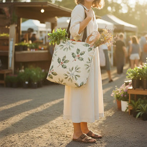 Woven Tote — Needlepoint Holly Leaves Market Bag