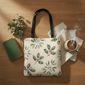 A canvas tote bag with a cream-colored background and a watercolor-style holly and berry pattern, featuring black shoulder straps, shown against a plain white background.