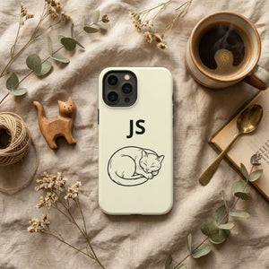Personalized initials cat phone case, minimalist sleeping protective cover - mobile cases