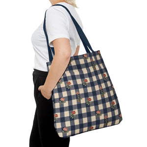 Gingham Rose Tote Bag — Vintage Navy Check Floral All-Over Print Tote