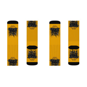 Witches Graphic Socks — Yellow Sublimation Crew Socks with “Girls will be girls” Design