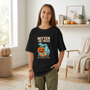 Kids “mitten or treat” halloween pumpkin t-shirt - t-shirts