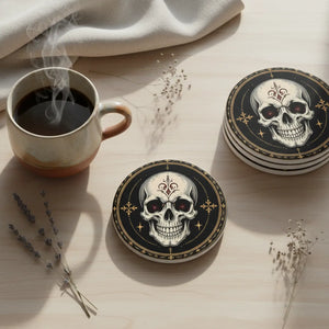 DipaliZ skull crest ceramic coaster, round with a heraldic skull print