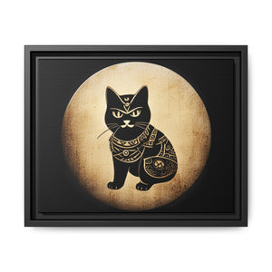Japanese Samurai Cat Tattoo, Kawaii Ninja Cat in a vintage look, Matte Canvas, Black Frame