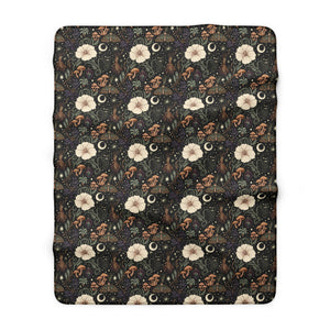 Celestial Floral Sherpa Blanket — Cozy Moon & Mushroom Fleece Throw
