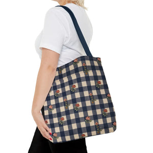 Gingham Rose Tote Bag — Vintage Navy Check Floral All-Over Print Tote