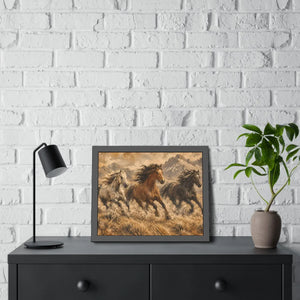Framed paper poster – wild horses running through mountain landscape - posters