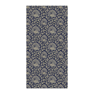 A rectangular fabric or wallpaper sample featuring a repeating peacock and floral pattern in navy blue and beige, shown against a plain white background.