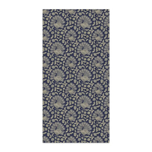Close view of the peacock plume and floral motif on DipaliZ navy cotton yardage
