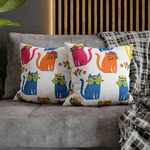 Colorful Cat Pattern Square Pillow Cover — Cute Sunglasses Cats Decorative Throw Pillowcase