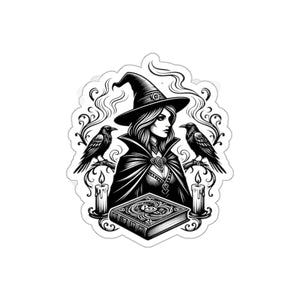 Witch reading from a large open grimoire in the DipaliZ sticker artwork