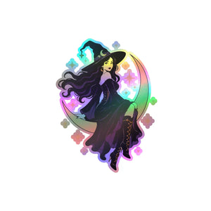 Mystical witch on crescent moon kiss-cut vinyl decal - home decor decals