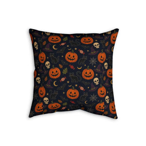 Halloween Pumpkin & Skull Faux Linen Pillow — Spooky Jack-o'-Lantern Decorative Cushion