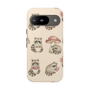 Cute Raccoon Pattern Phone Case – Beige Mushroom & Floral Tough Cases