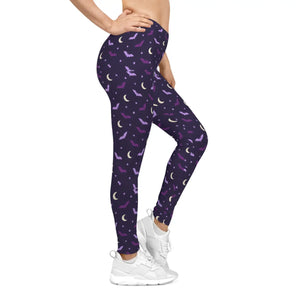 Moon & Bat Halloween Leggings — Purple Night Sky All-Over Print