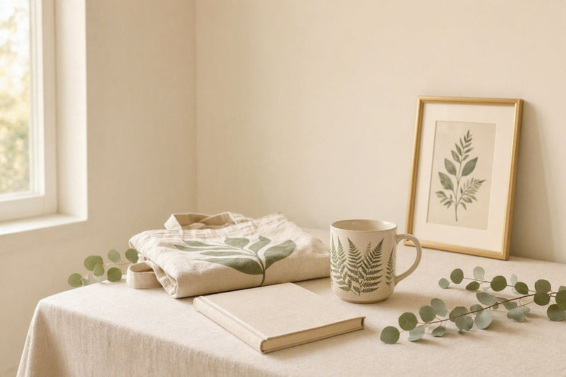 A table with botanical framed art, Mug, Tote bag.